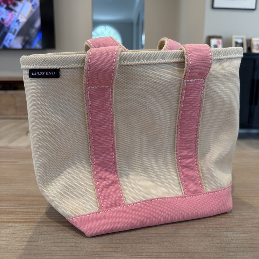 Lands End Canvas Tote Bag Fresh Pink Trim Small Boat Bag USA Classic Shopper